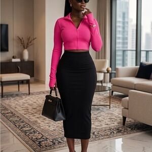 naked wardrobe Hot Pink Zip Crop Top with Black High-Waist Pencil Skirt